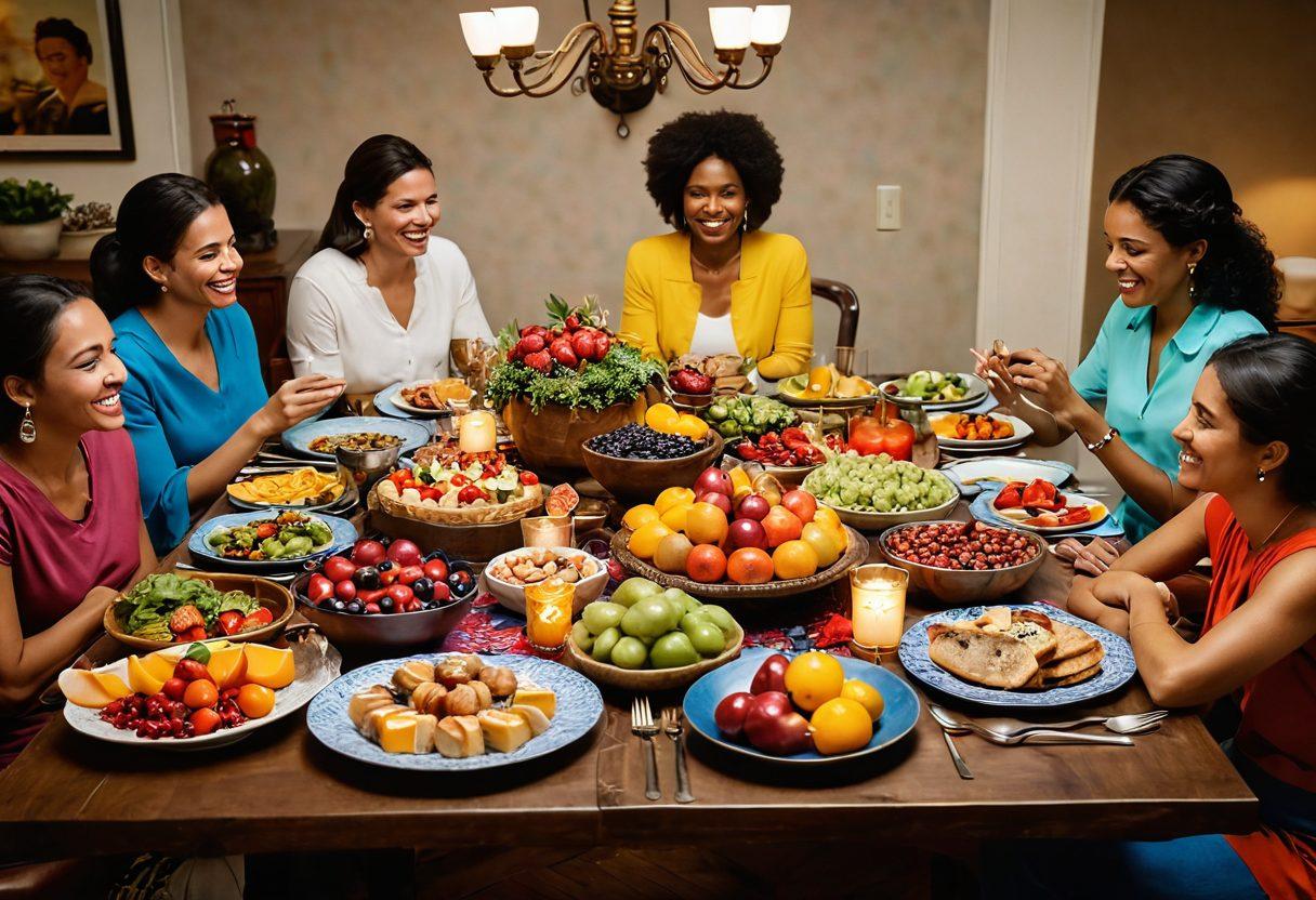 A beautifully laid dining table filled with colorful and delicious dishes, surrounded by happy people sharing laughter and stories. Incorporate various ethnic dishes to represent diversity, with vibrant fruits and flowers as table decor. Soft, warm lighting creates a cozy atmosphere, evoking a sense of joy and togetherness. showcase a dessert display in the background. super-realistic. vibrant colors. warm tones.