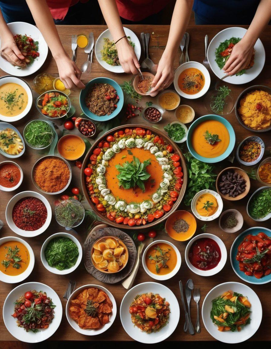 A beautifully arranged table filled with a variety of colorful dishes, from small delightful appetizers to large, vibrant main courses. The scene captures the joy of cooking and sharing food, with a warm kitchen background visible in soft focus. Include chefs happily engaging in the cooking process, surrounded by fresh ingredients like herbs, vegetables, and spices. Emphasize a sense of creativity and art in culinary presentation. vibrant colors. super-realistic.