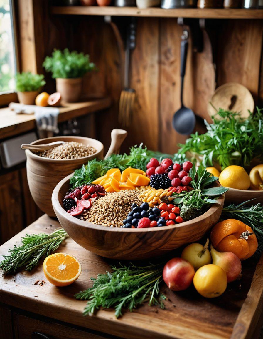 A colorful arrangement of diverse ingredients like fresh herbs, ripe fruits, and various grains spilling out of a rustic wooden bowl, surrounded by a cozy kitchen backdrop featuring a warm stove and soft lighting. Incorporate a cheerful chef joyfully tasting a dish, with a journal and pen nearby, symbolizing exploration and creation of joyful recipes. Capture the essence of blissful tastes with a vibrant and inviting atmosphere. super-realistic. vibrant colors. warm tones.